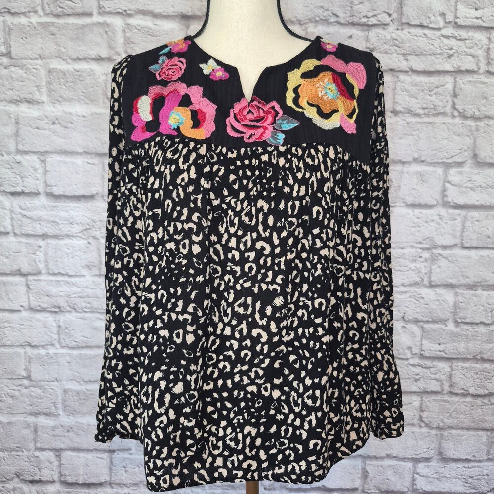 Savanna Jane Leopard Floral Embroidered V Neck Boho Blouse Top Long Sleeve Sz L - Picture 3 of 10